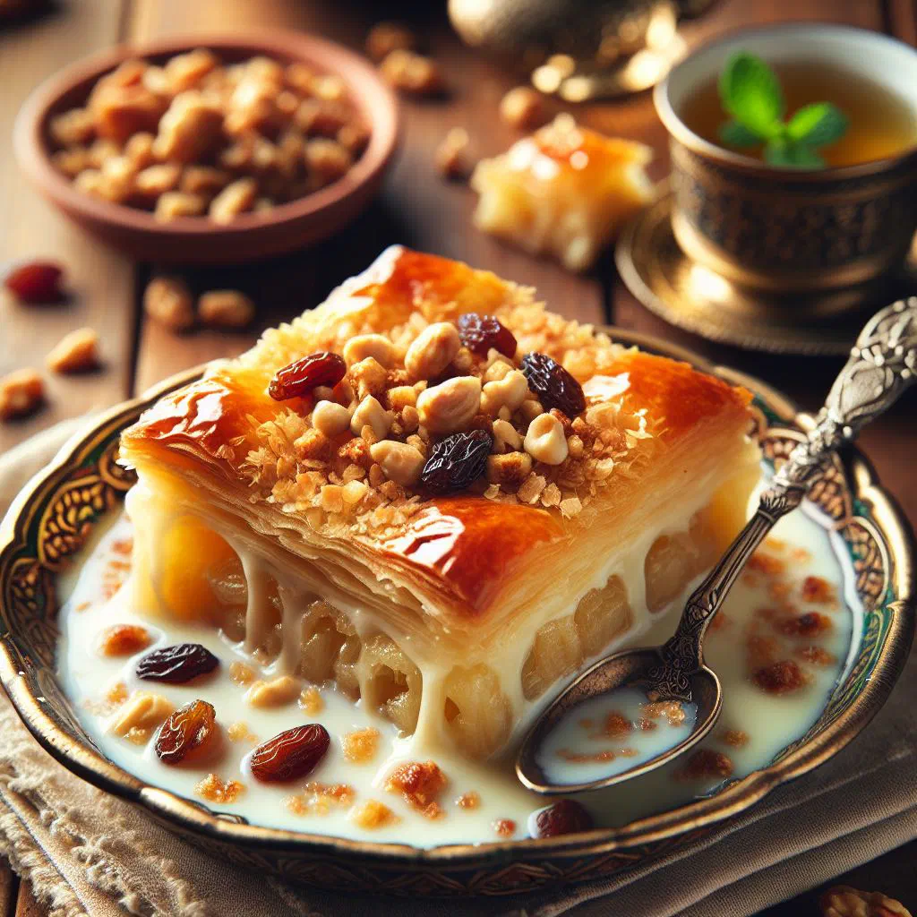 Warm Umm Ali bread pudding topped with nuts and raisins in a baking dish