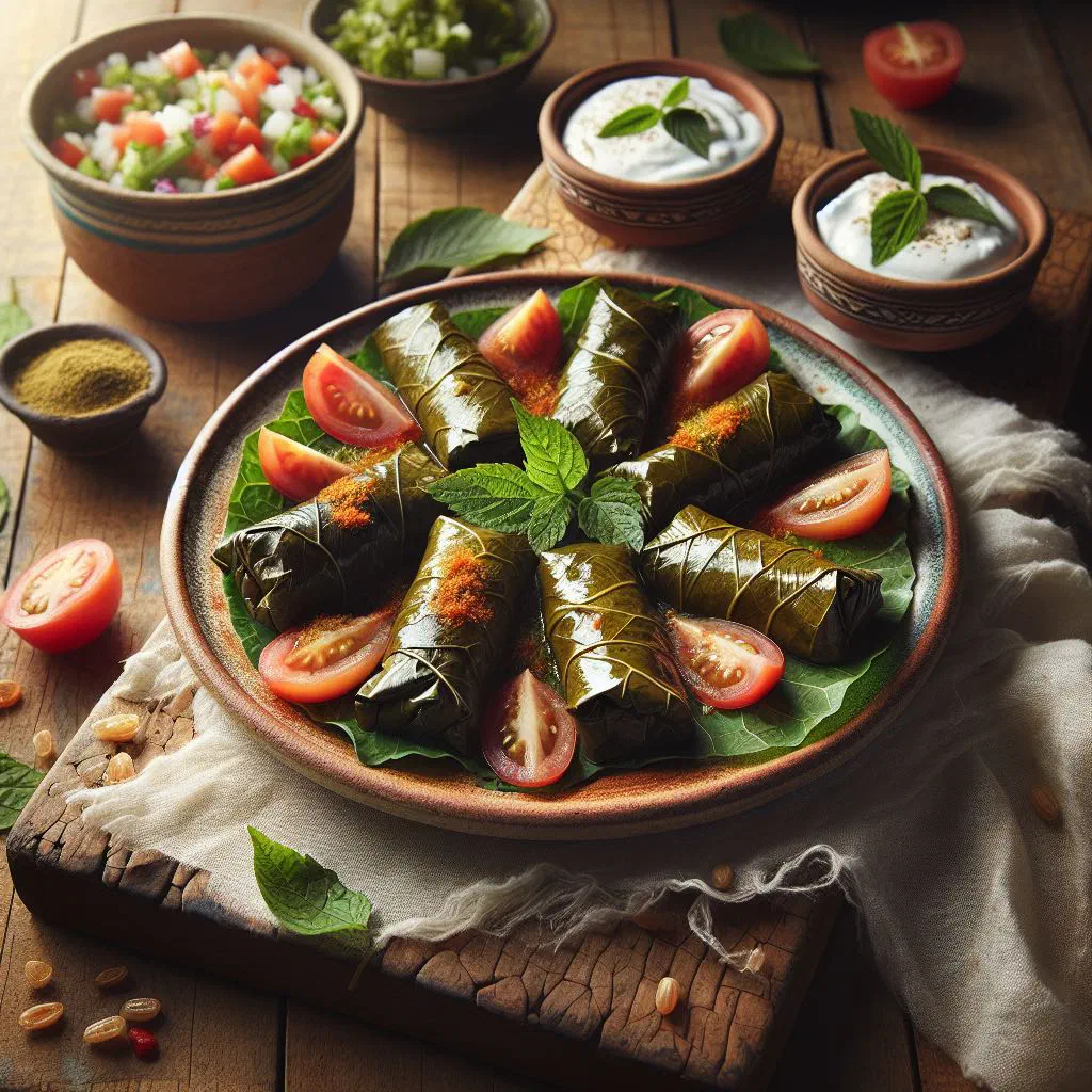 Stuffed vine leaves arranged on a plate with lemon wedges