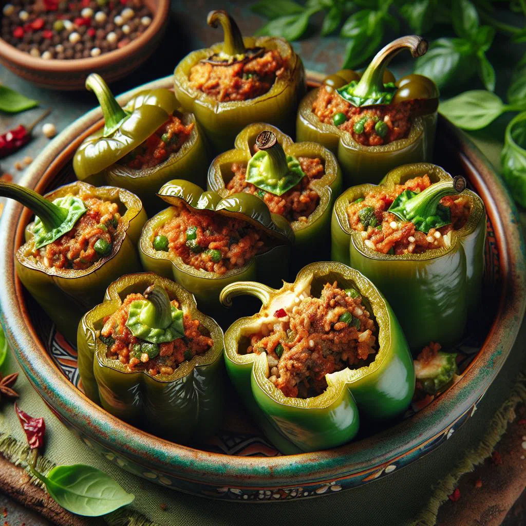 Romanian stuffed peppers with minced meat in tomato sauce, garnished with parsley