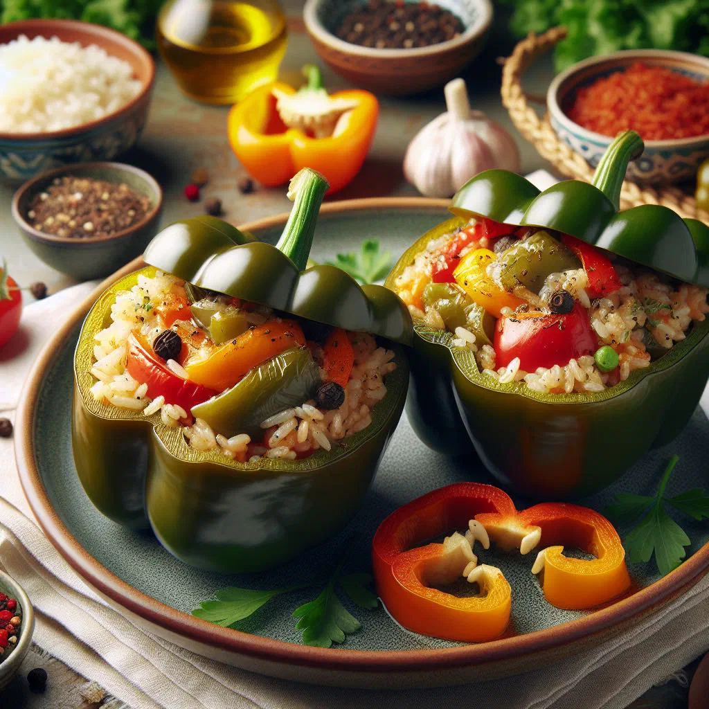 Rice-and-vegetable stuffed peppers baked in tomato sauce