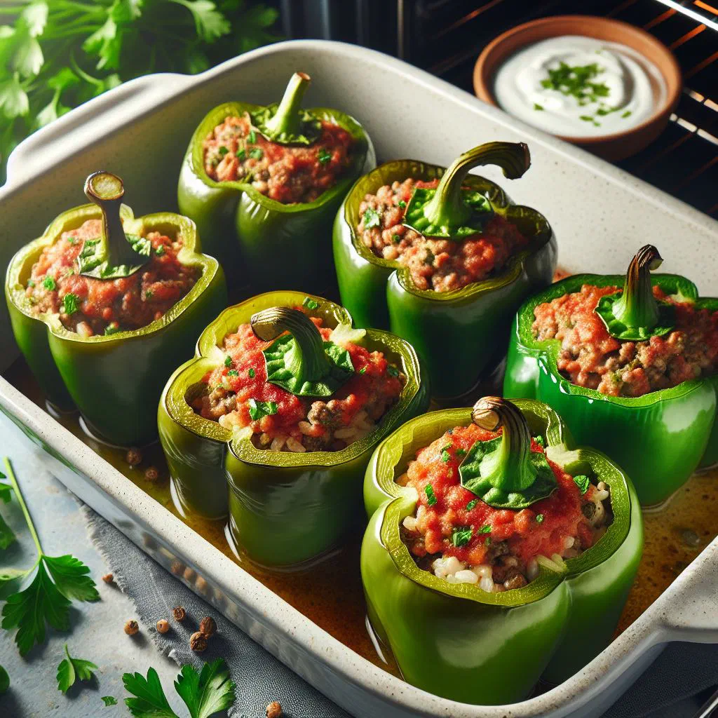 Romanian stuffed peppers in tomato sauce garnished with fresh herbs
