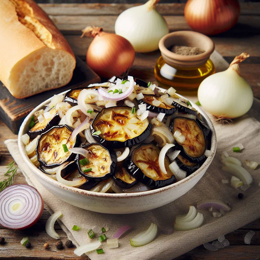 Creamy Romanian aubergine salad with chopped onion served with bread