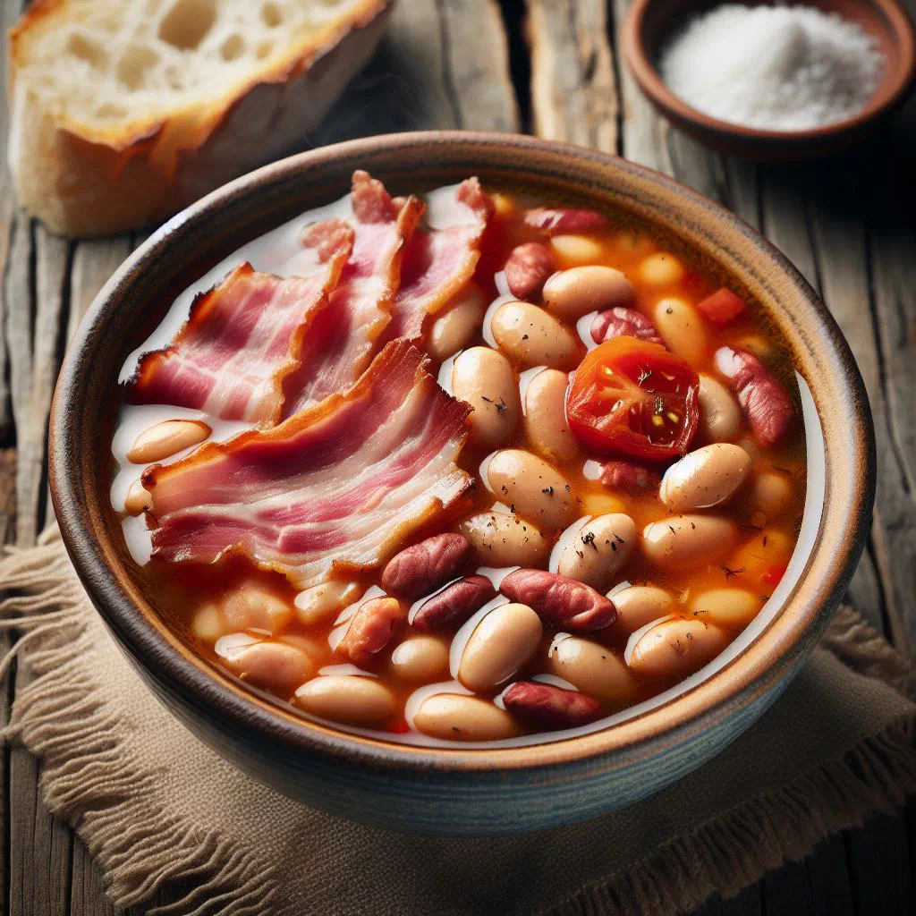 Bowl of Romanian white bean soup with smoked meat and fresh parsley