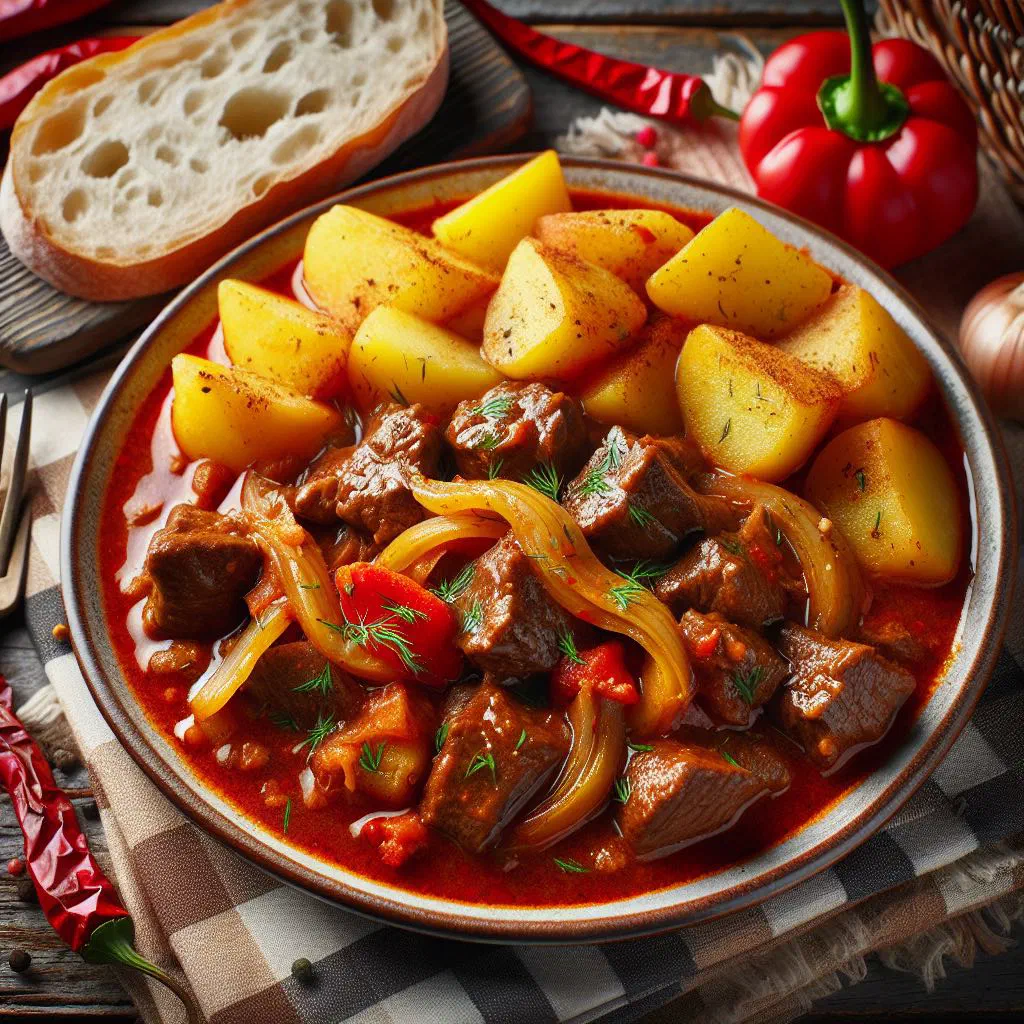 Romanian beef and potato stew in a rich paprika sauce