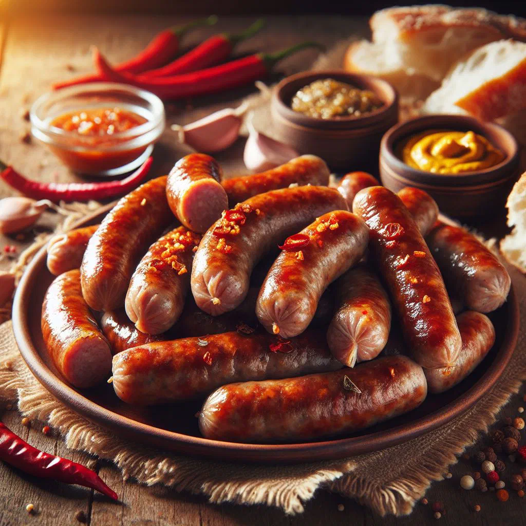 Grilled Cârnați de Pleșcoi sausages served on a wooden board with fresh herbs
