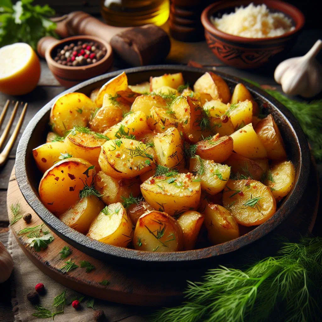 Rustic Romanian peasant potatoes with onions and fresh herbs in a pan