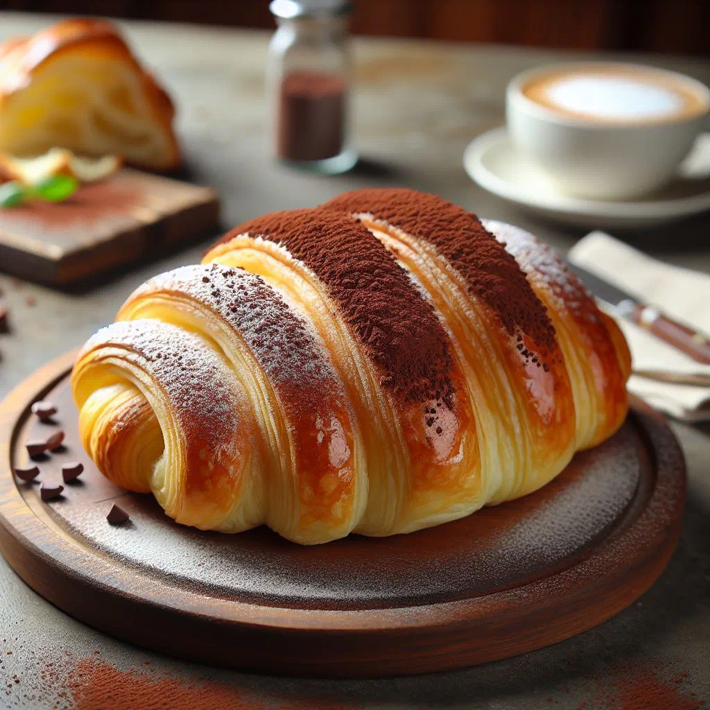 Fluffy Romanian cocoa sponge cake dusted with icing sugar, sliced on a plate