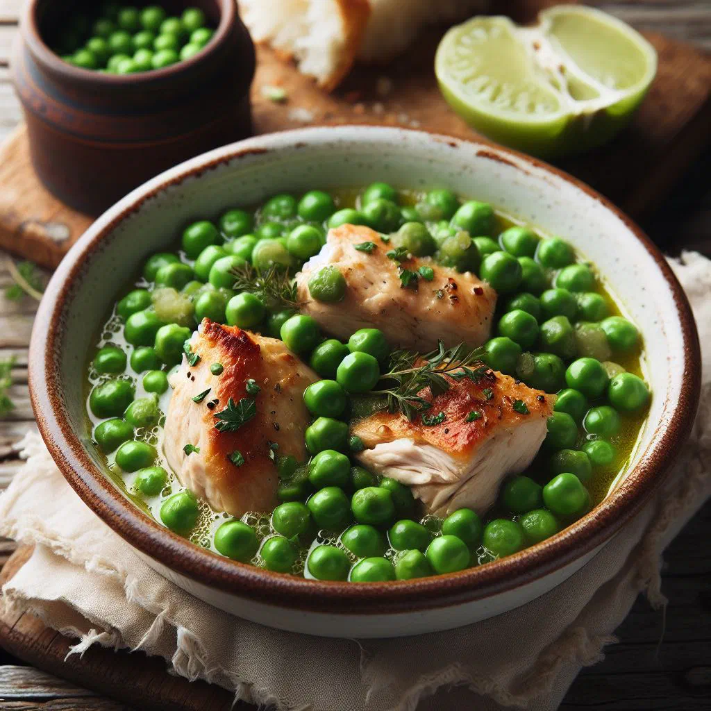 Bowl of Romanian chicken with peas garnished with fresh parsley