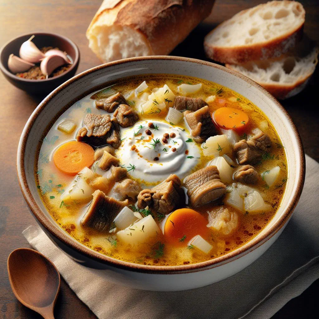 A bowl of creamy Romanian ciorbă de burtă tripe soup with sour cream and bread