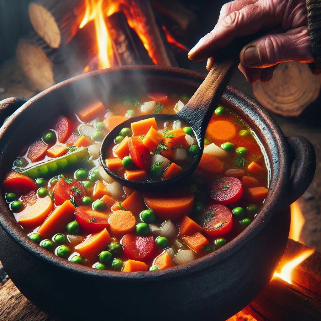 A bowl of Romanian vegetable soup garnished with fresh herbs