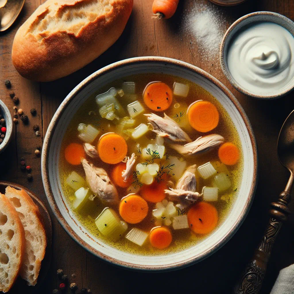 Creamy Romanian ciorbă rădăuțeană with shredded chicken and fresh parsley