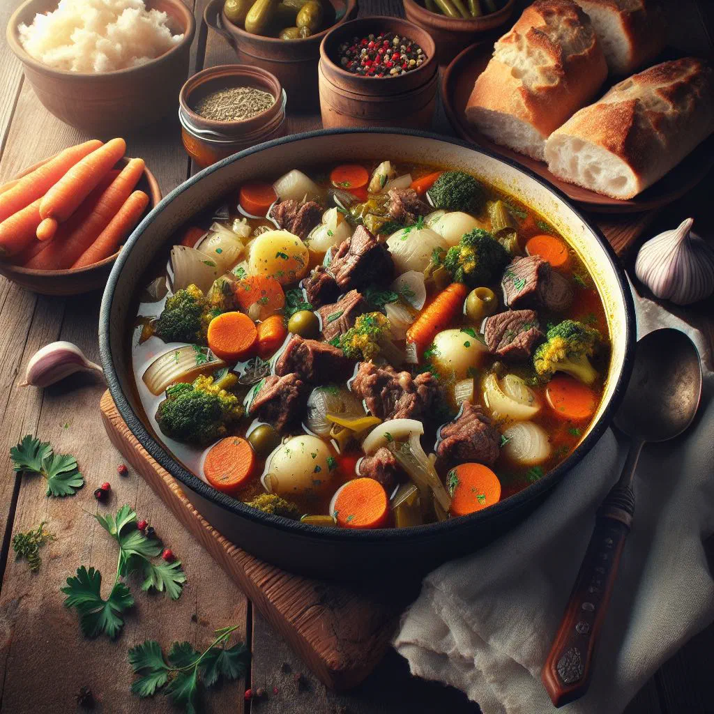 A steaming bowl of ciorbă țărănească peasant soup garnished with fresh parsley
