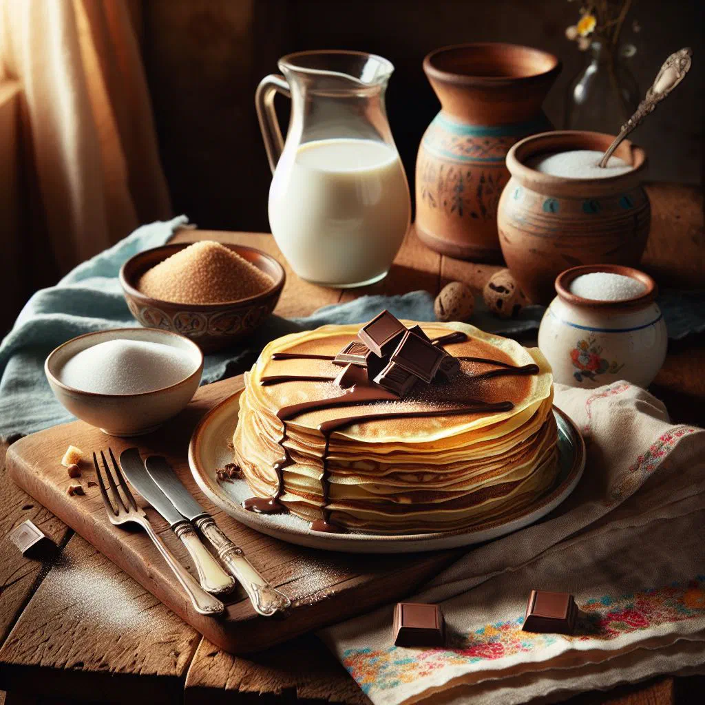 Rolled Romanian chocolate pancakes dusted with icing sugar