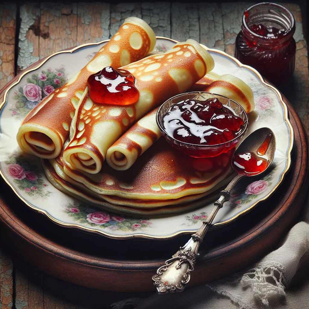 Rolled Romanian pancakes filled with fruit jam and dusted with icing sugar