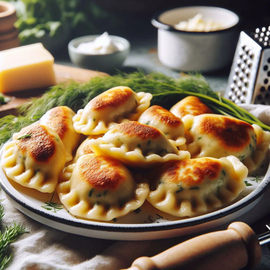 Romanian cheese-filled dumplings topped with soured cream