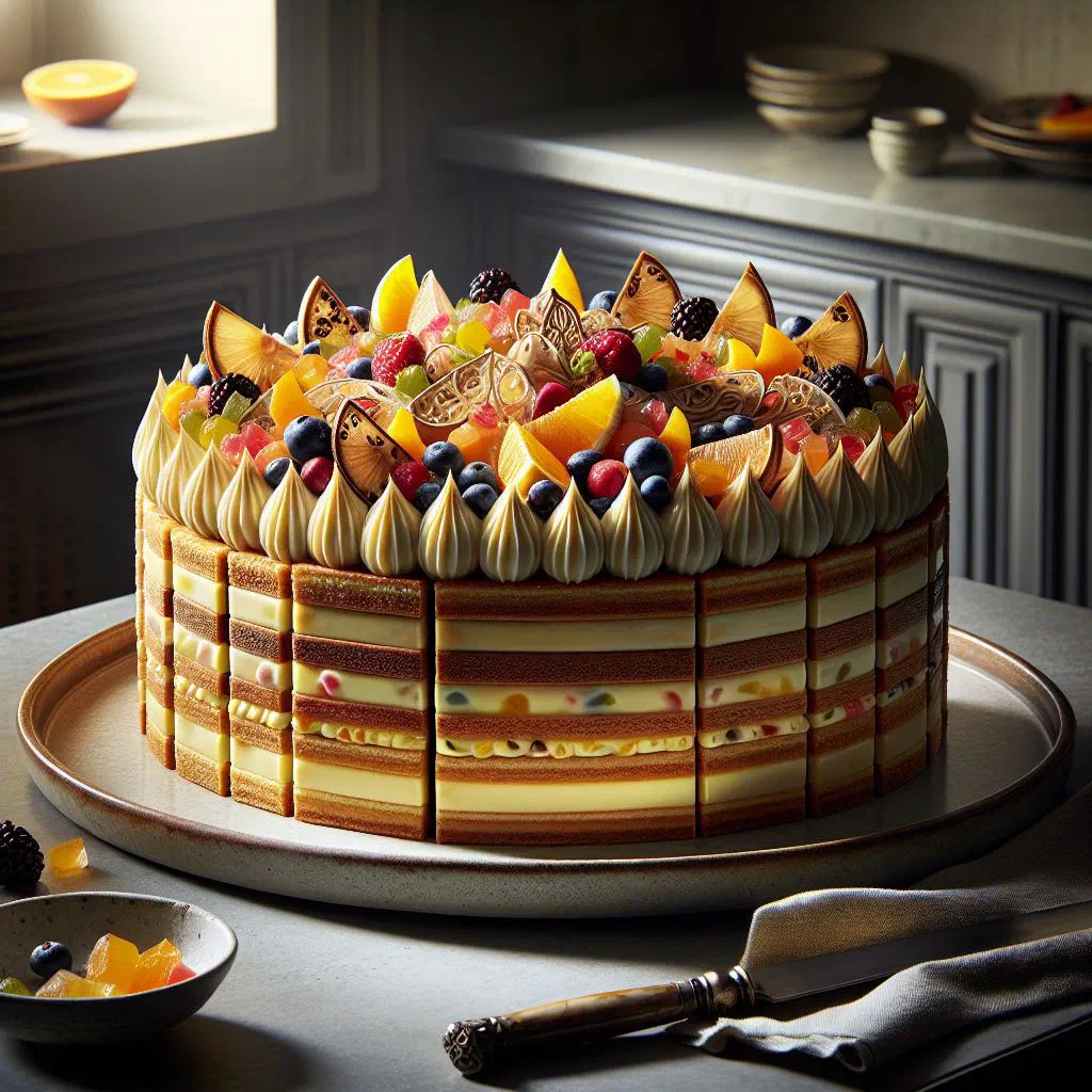 Layered Romanian diplomat cake with cream and fresh fruit