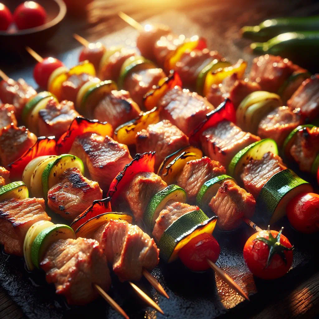 Grilled pork skewers with a golden crust on a wooden board