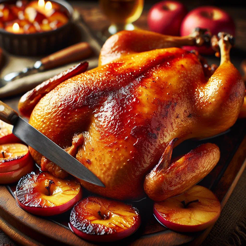 Sliced roast duck breast served with golden caramelised apples