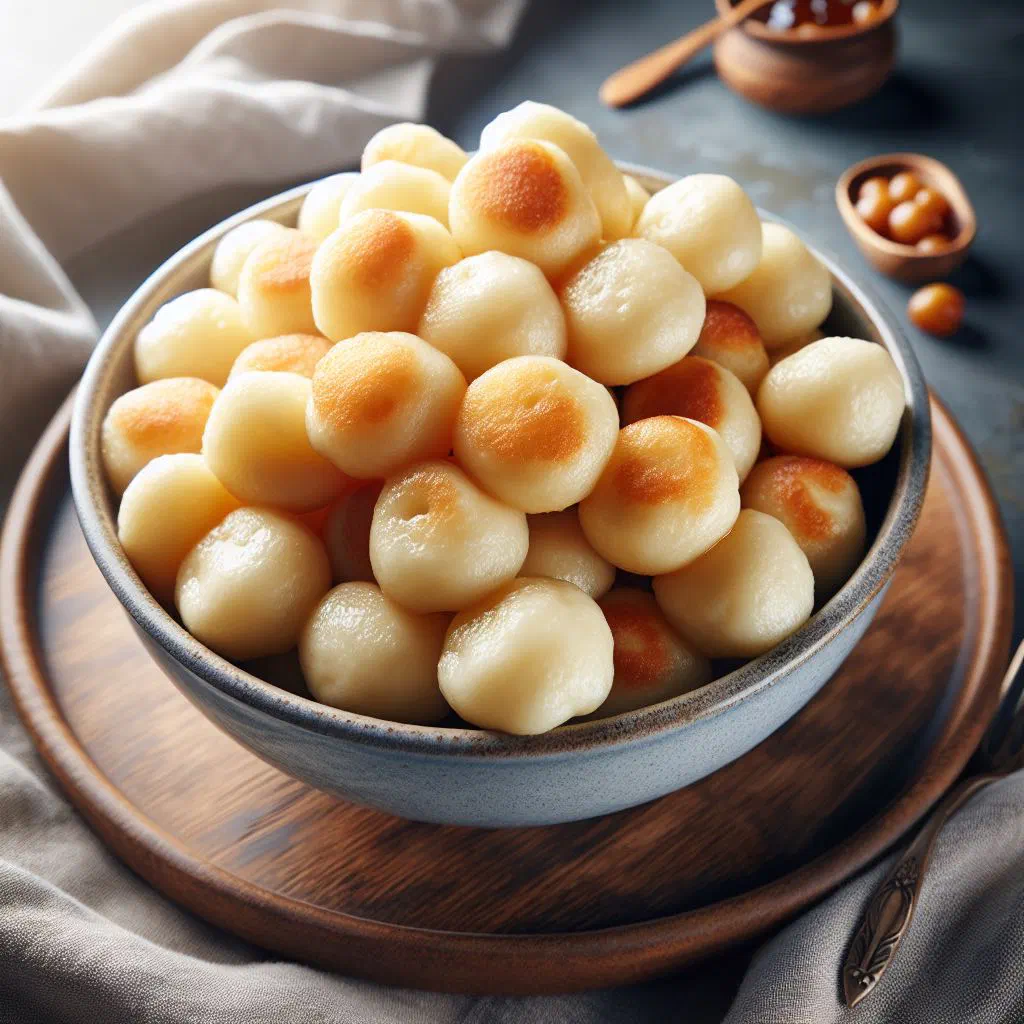 Golden semolina dumplings served in a bowl of clear Romanian chicken soup