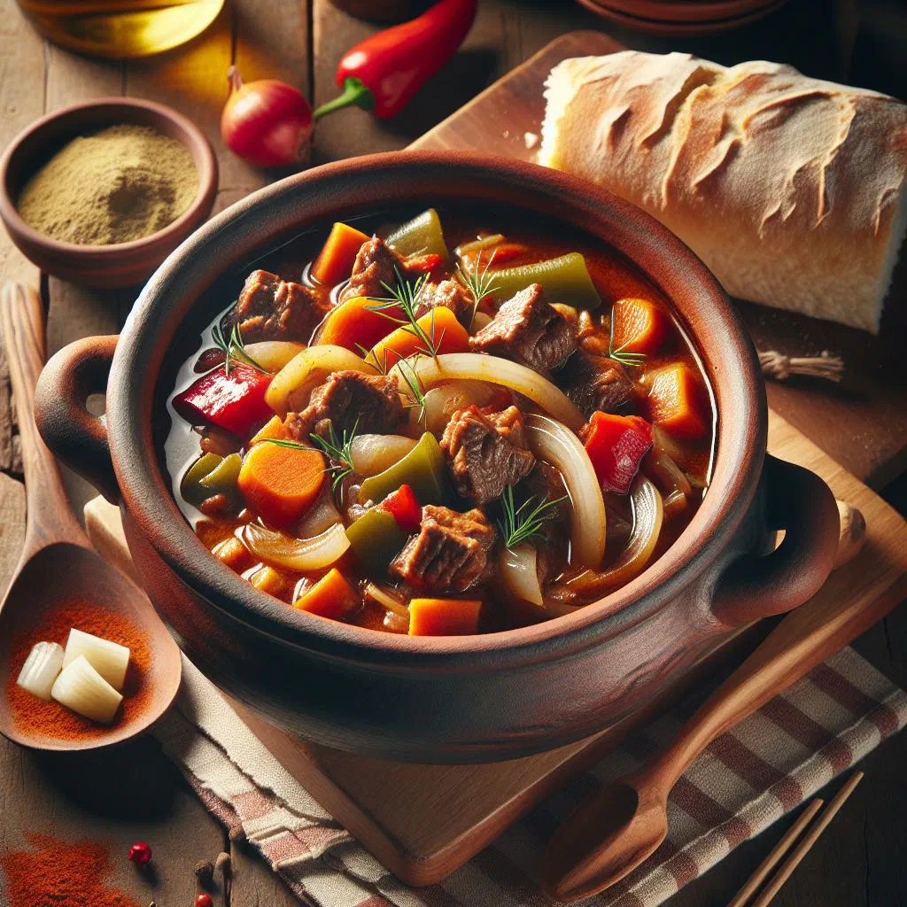 Bowl of Romanian goulash with tender meat, peppers and potatoes