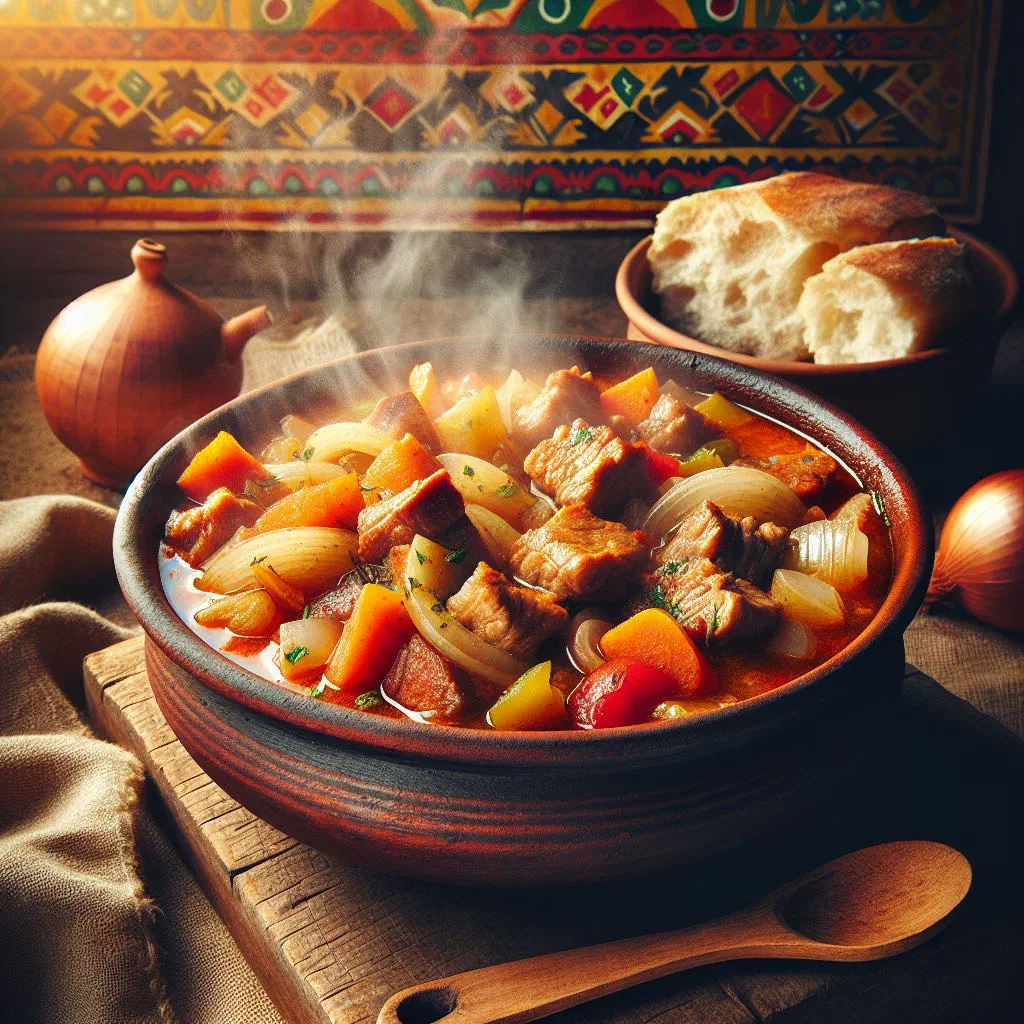Bowl of Romanian pork goulash with paprika sauce and fresh bread
