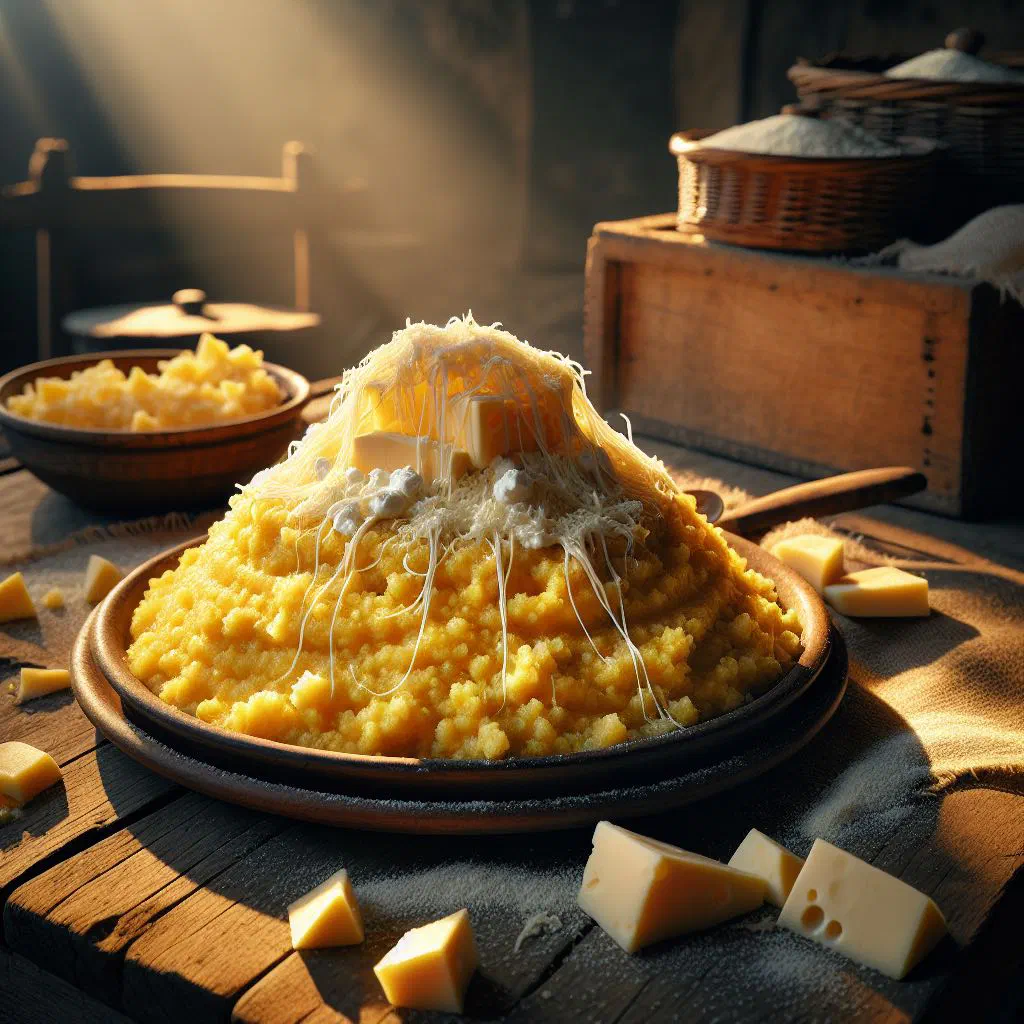 Creamy Romanian mămăligă topped with crumbled white cheese