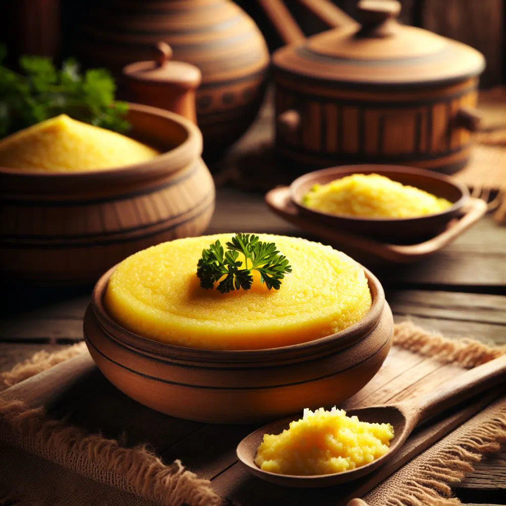 Golden mamaliga cornmeal porridge served with cheese