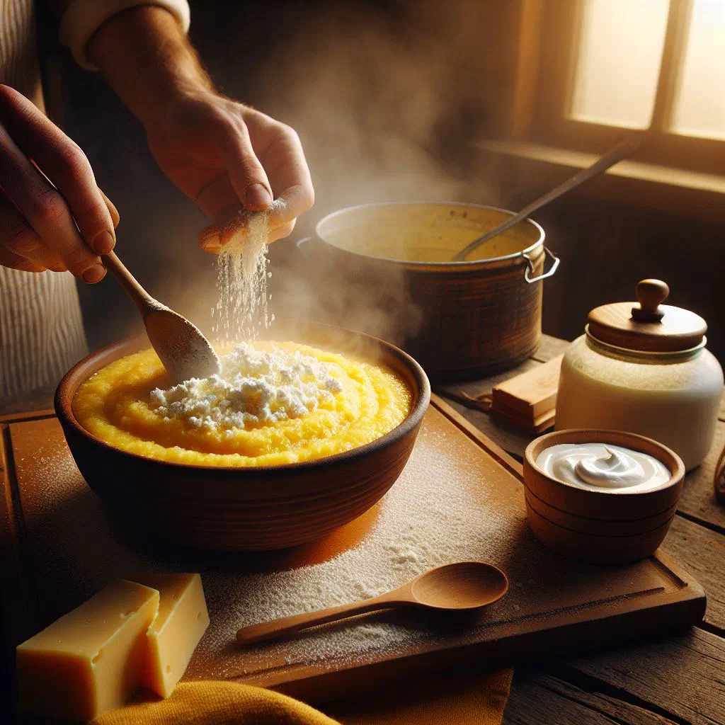 Creamy Romanian polenta topped with crumbled feta and a swirl of soured cream