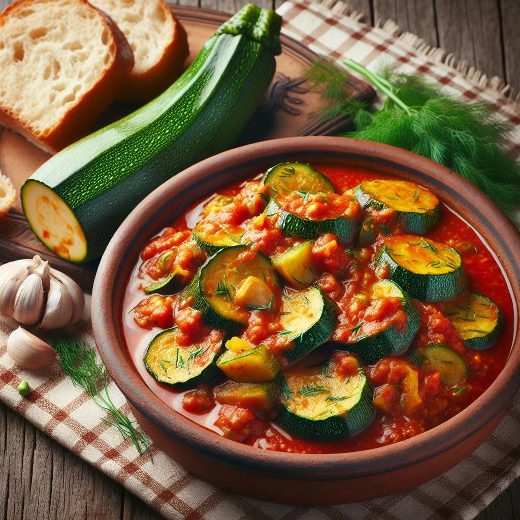 Braised courgette stew garnished with fresh dill in a bowl
