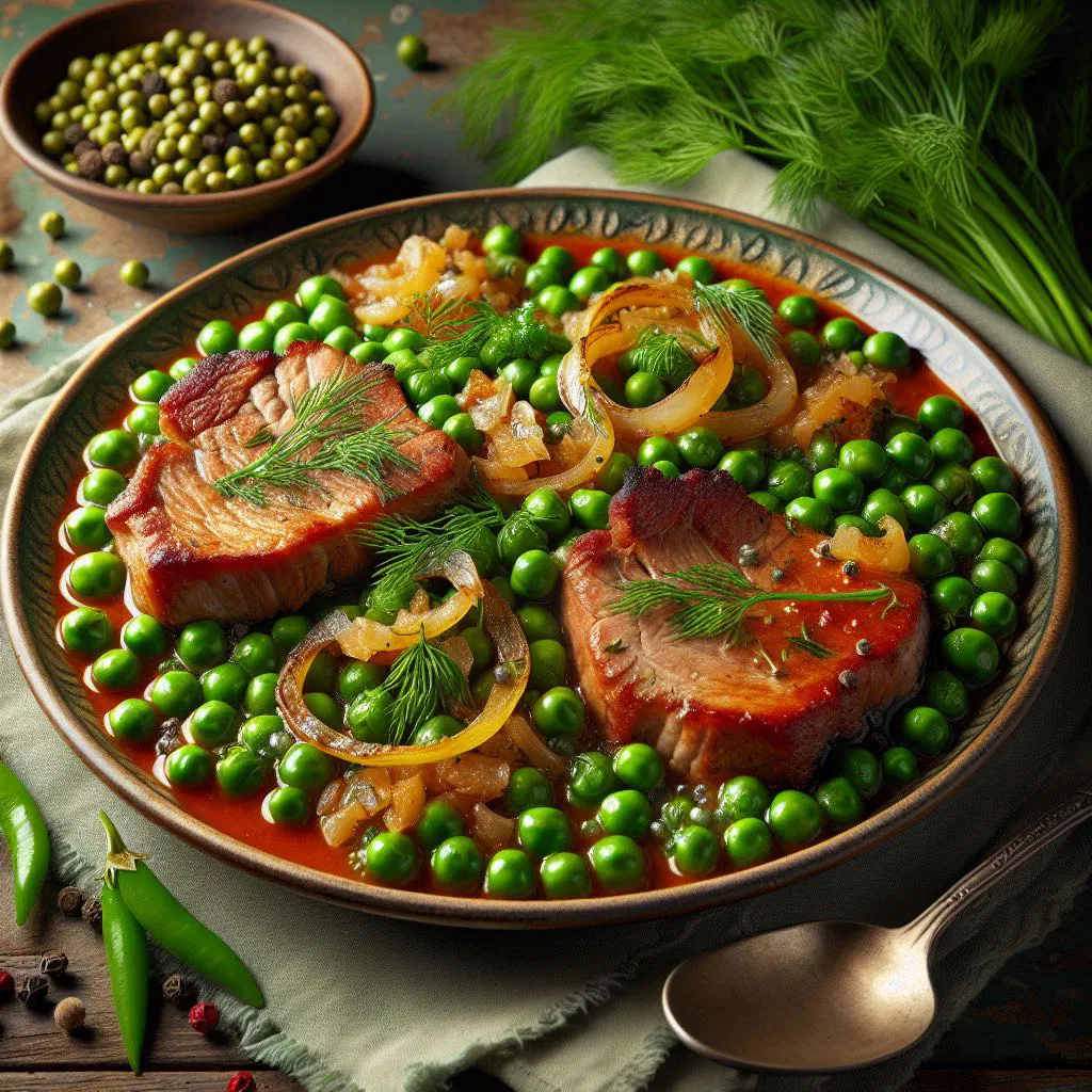 Bowl of Romanian green pea stew garnished with fresh dill