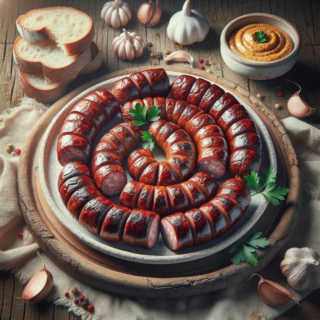 Grilled mititei skinless sausages served with mustard and bread