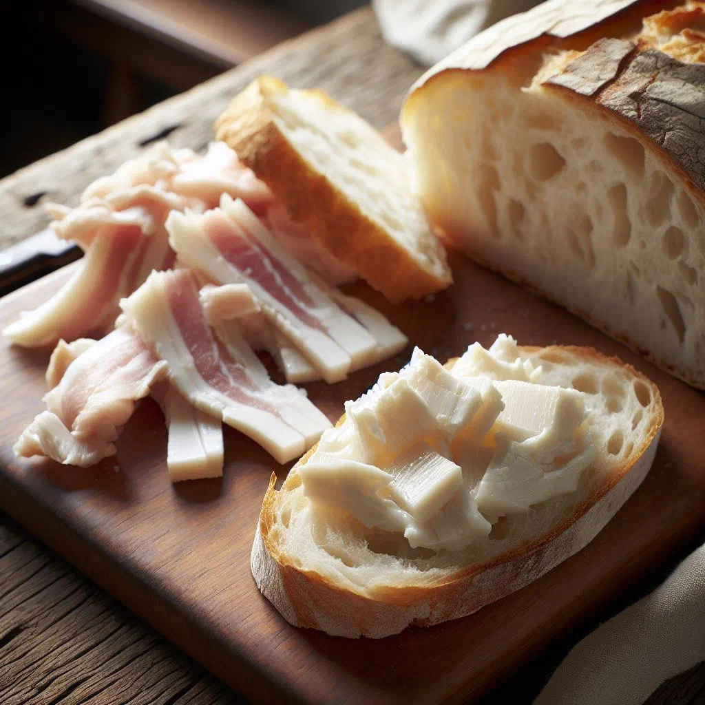 Slices of rustic bread spread with lard and dusted with paprika