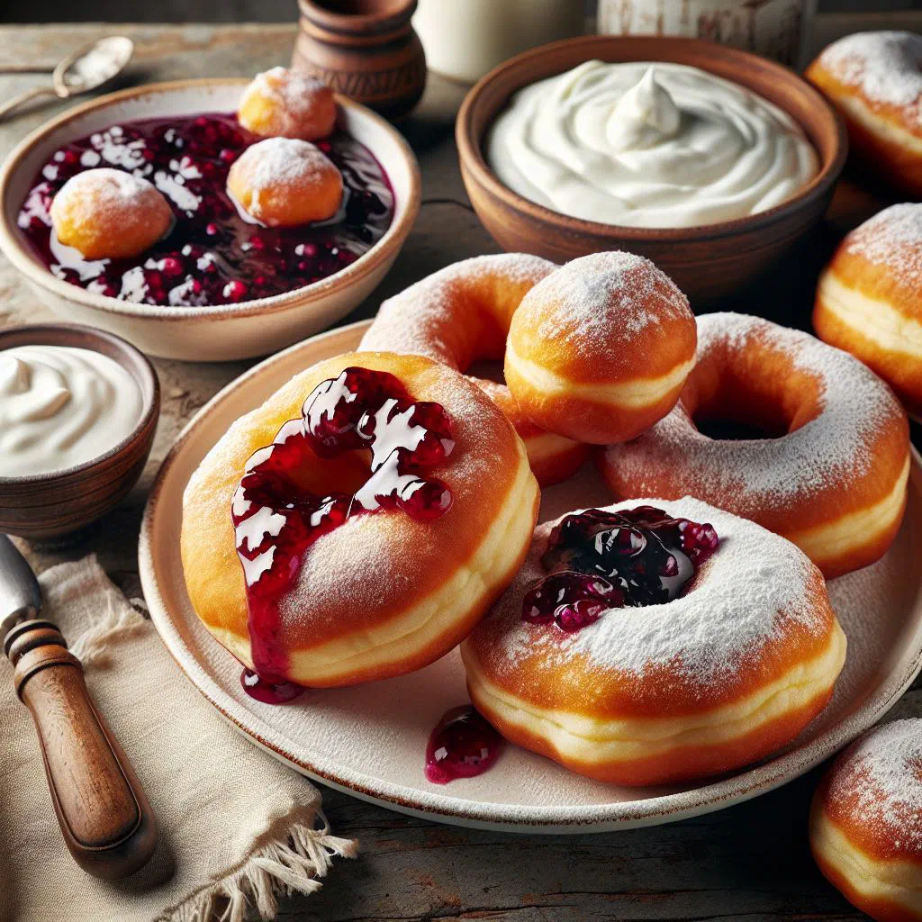 Golden fried papanasi doughnuts topped with soured cream and jam