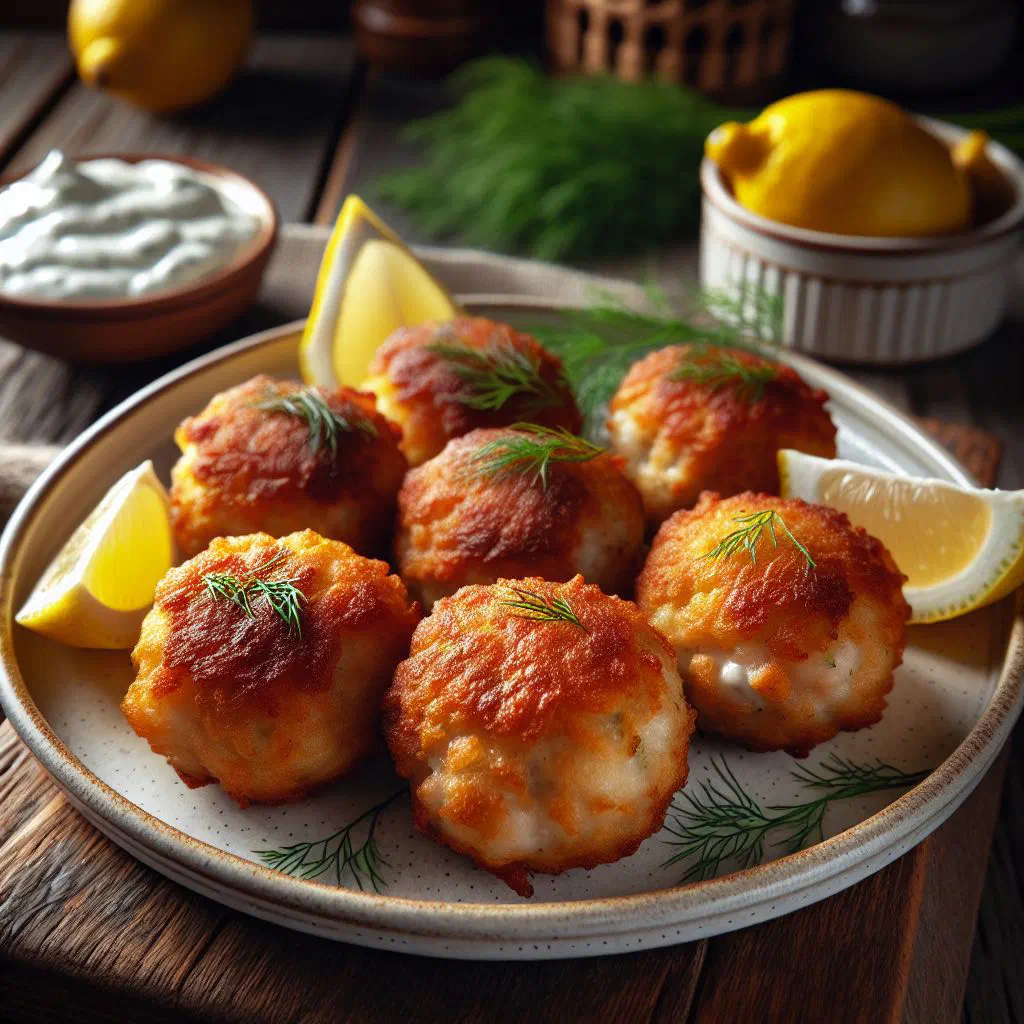Golden pan-fried Romanian fish cakes garnished with fresh dill and lemon