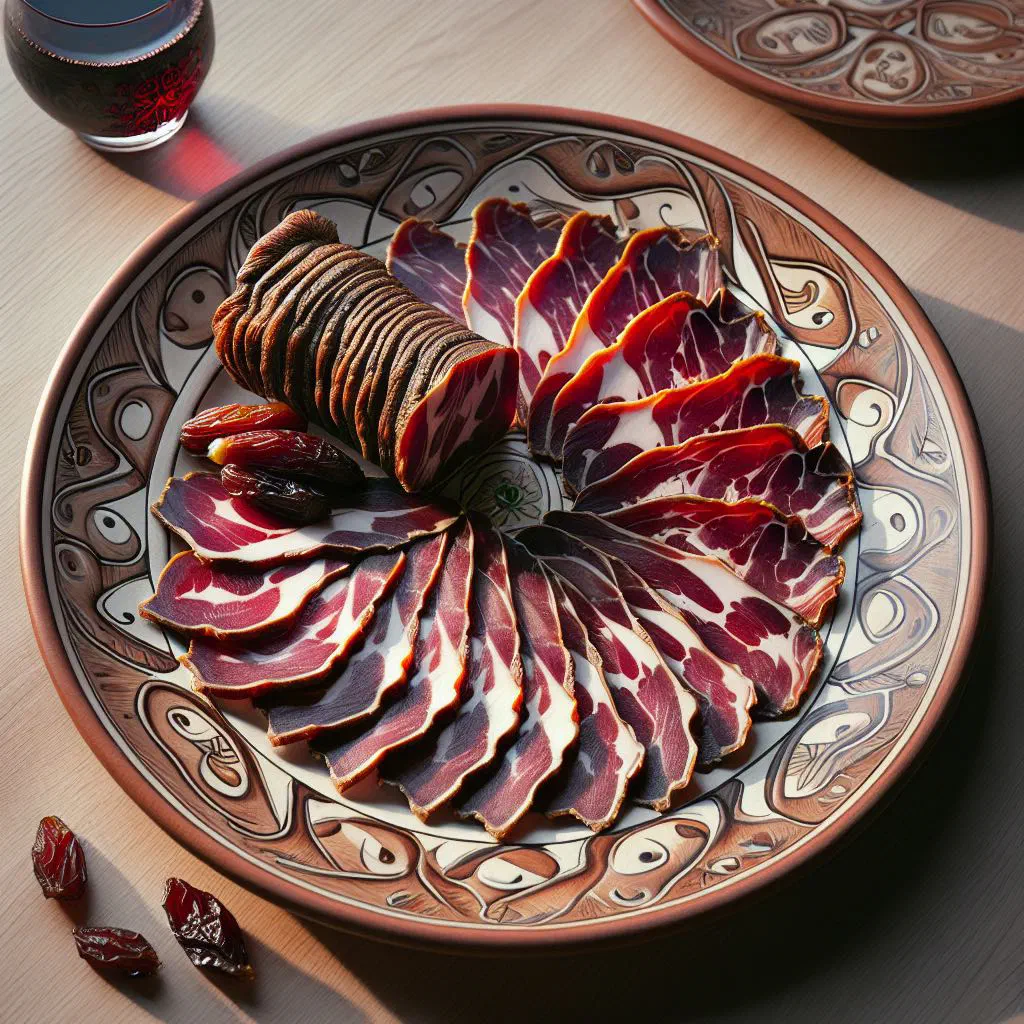 Sliced smoked mutton pastrama garnished with fresh herbs on a wooden board