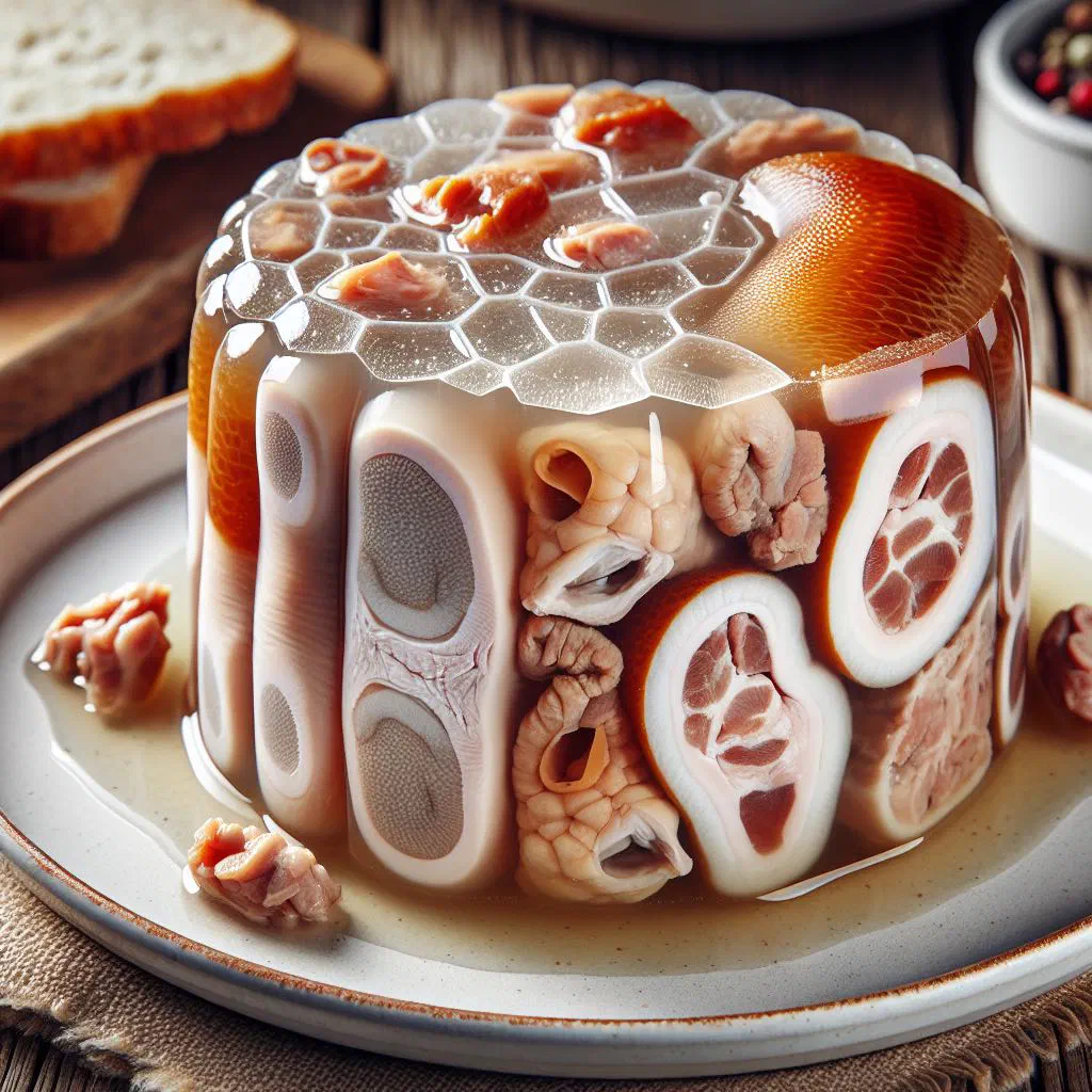 Clear pork aspic set in a bowl with carrots and garlic