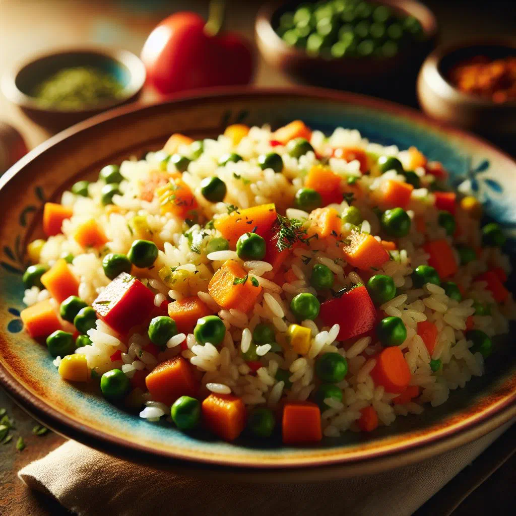 Romanian pilaf cu legume with rice, carrots and peppers garnished with fresh herbs