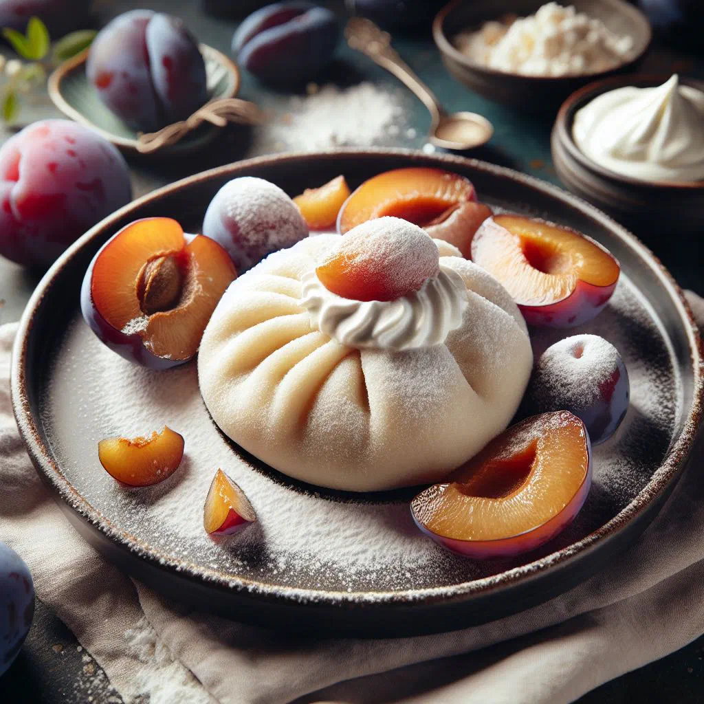 Romanian plum dumplings dusted with sugar and cinnamon