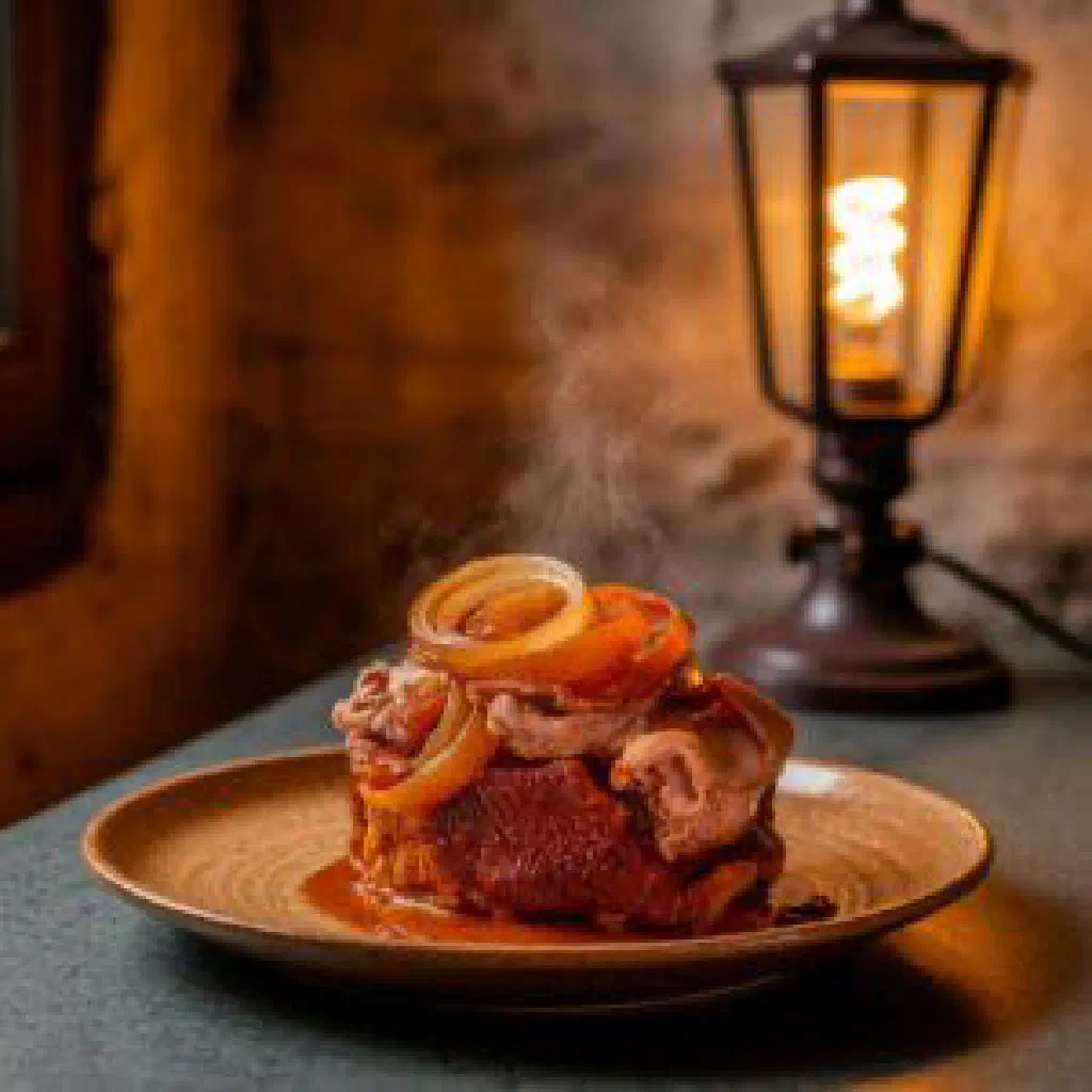 Rustic bowl of Romanian pomana porcului with braised pork and bacon