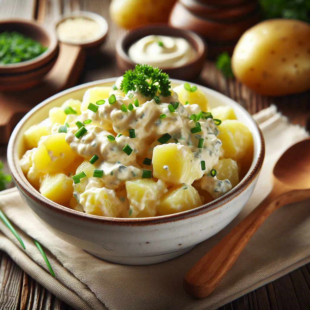 Creamy Romanian potato salad with mayonnaise garnished with fresh parsley