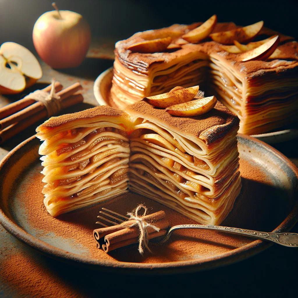 Golden Romanian apple cake dusted with icing sugar