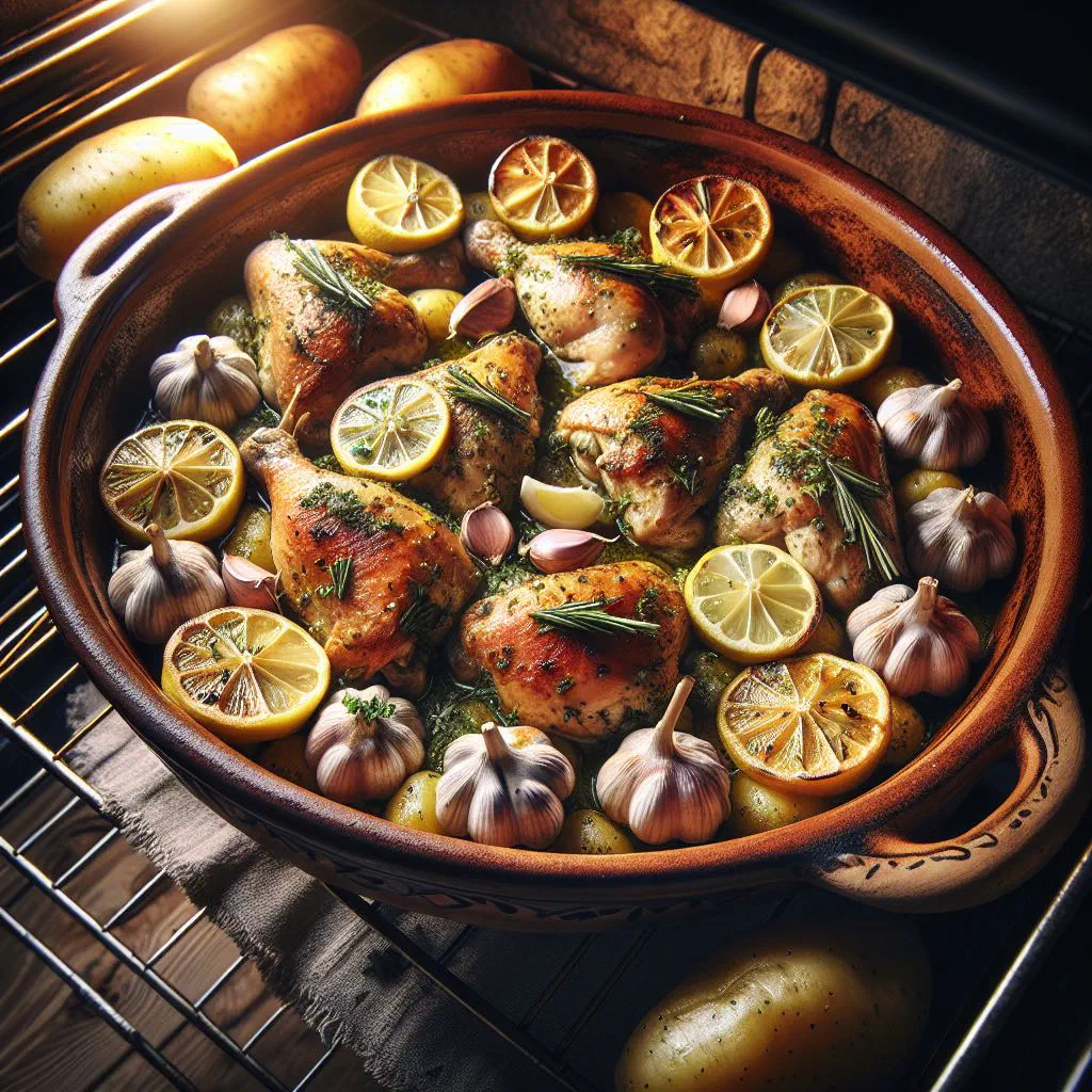 Golden oven-baked chicken pieces with potatoes and peppers in a roasting dish