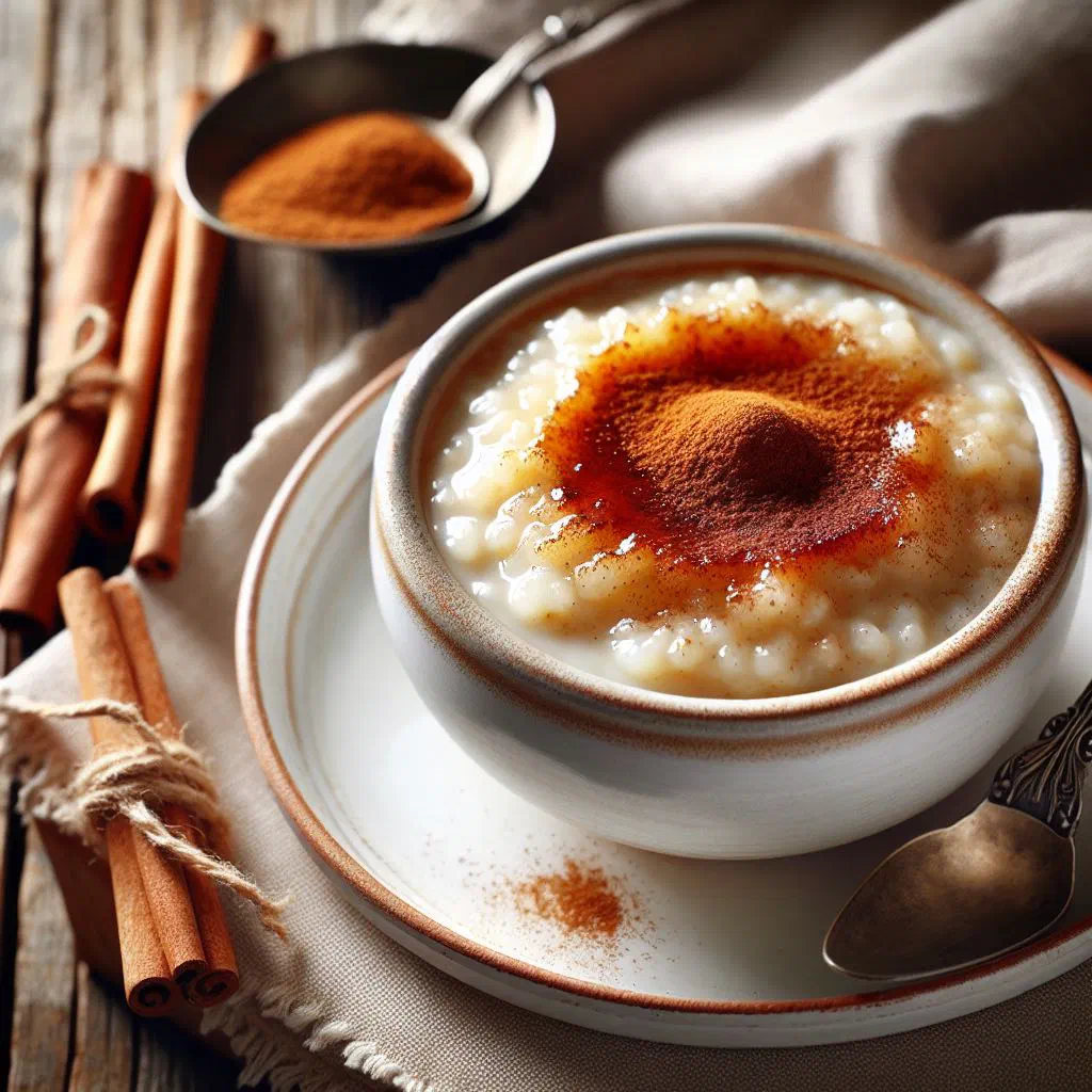Creamy Romanian rice pudding dusted with cinnamon in a bowl