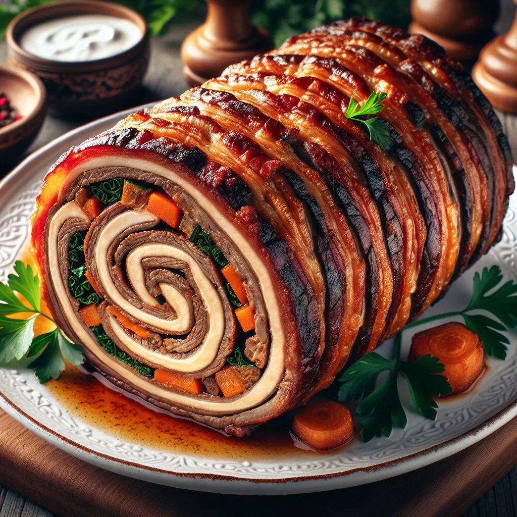Sliced Romanian meat roll filled with bacon and herbs on a serving platter