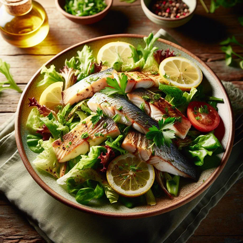 Creamy Romanian fish salad garnished with fresh parsley and lemon