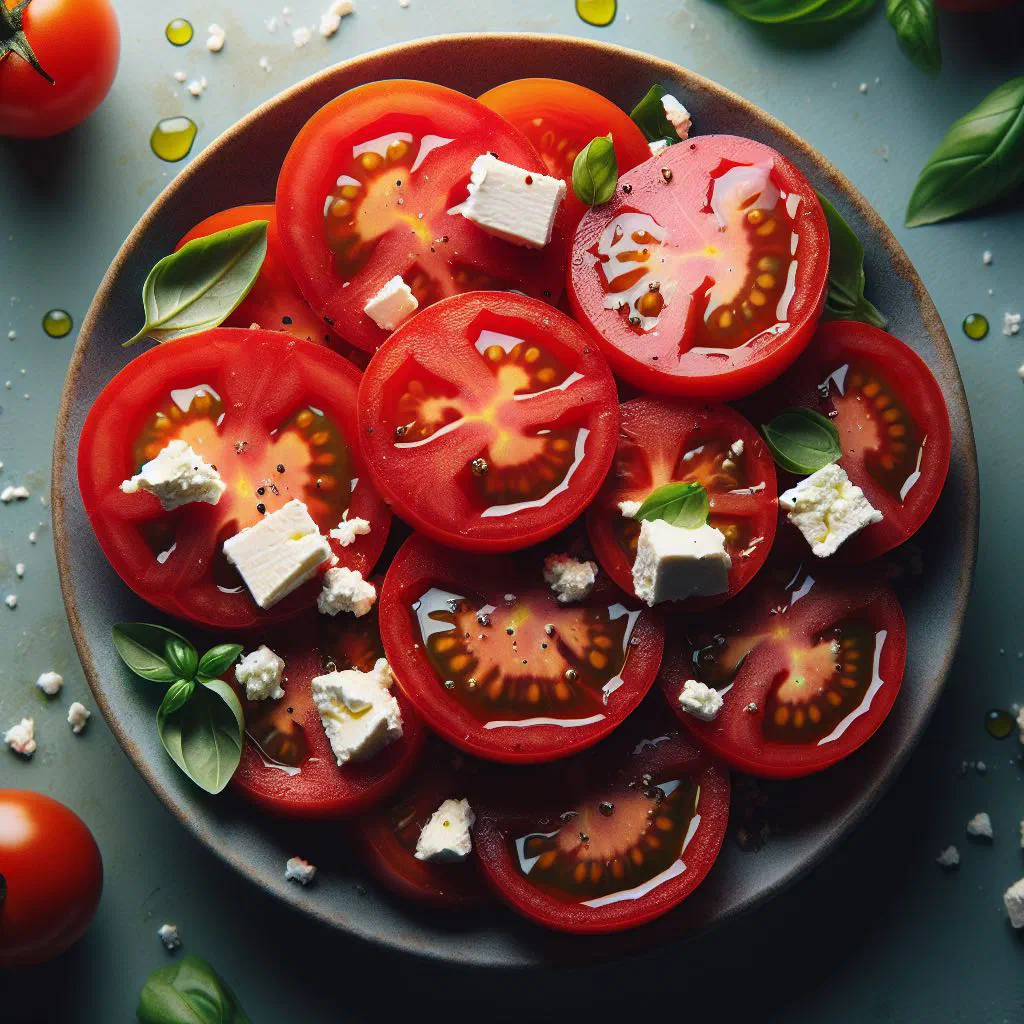 Romanian tomato salad with crumbled telemea cheese and fresh basil