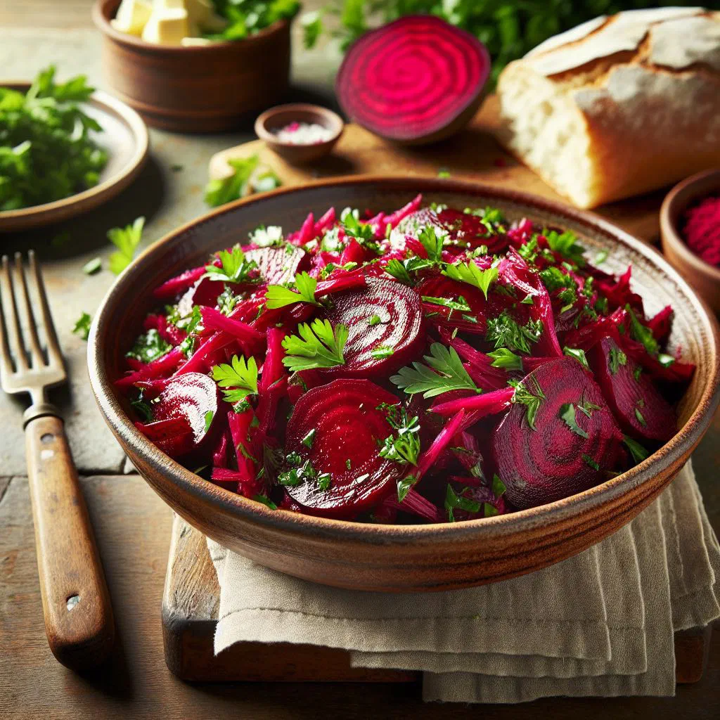 Romanian beetroot salad with fresh herbs in a bowl