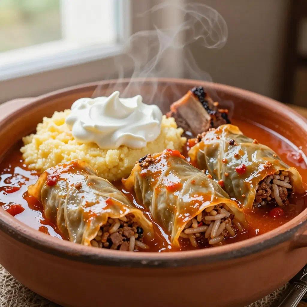 Romanian sarmale cabbage rolls in tomato sauce with a dollop of soured cream