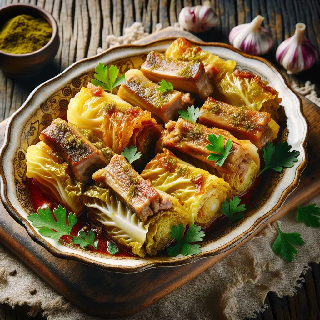 Braised pickled cabbage with smoked pork belly in a rustic dish