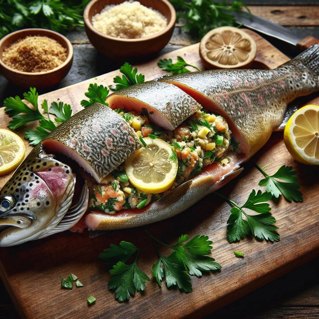 Whole baked trout stuffed with herbs and served with lemon